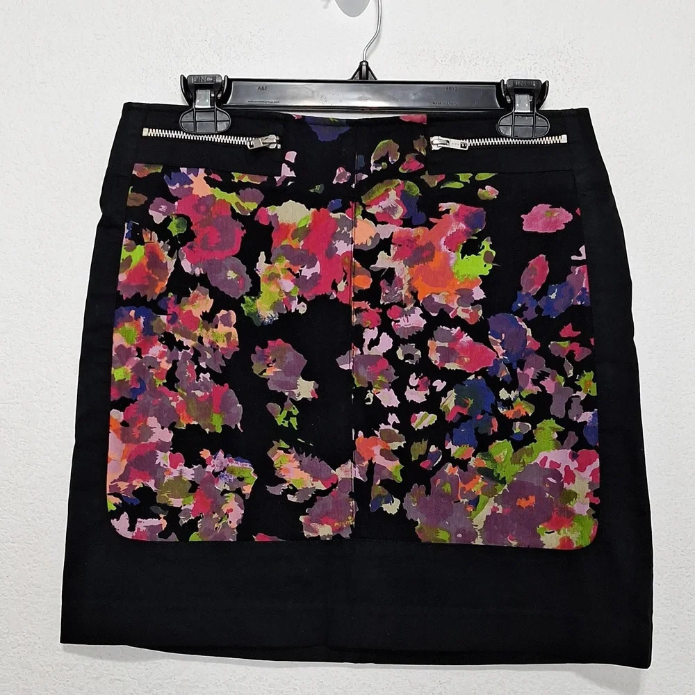 W118 by Walter Baker Black Watercolor Zip Pockets Retro Bohemian Mini Skirt Sz S